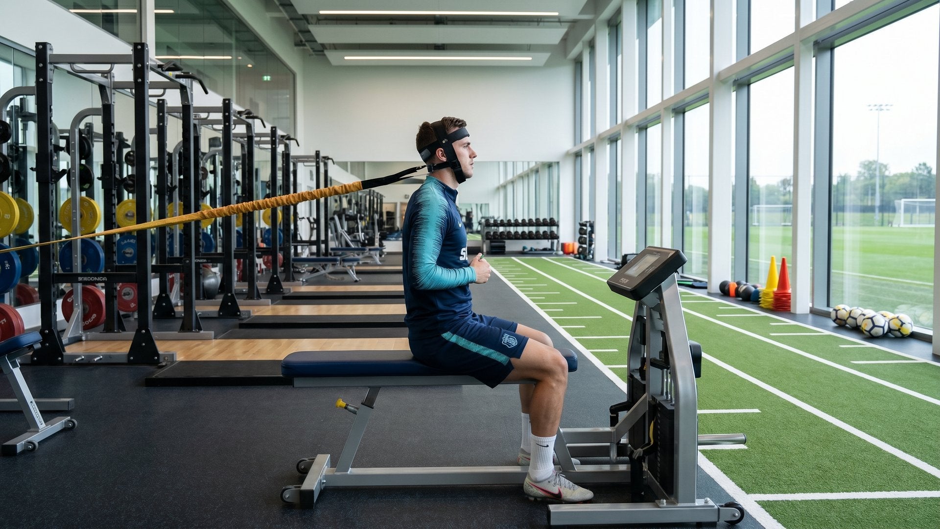 Professional soccer player performing neck resistance training in a modern elite sports facility