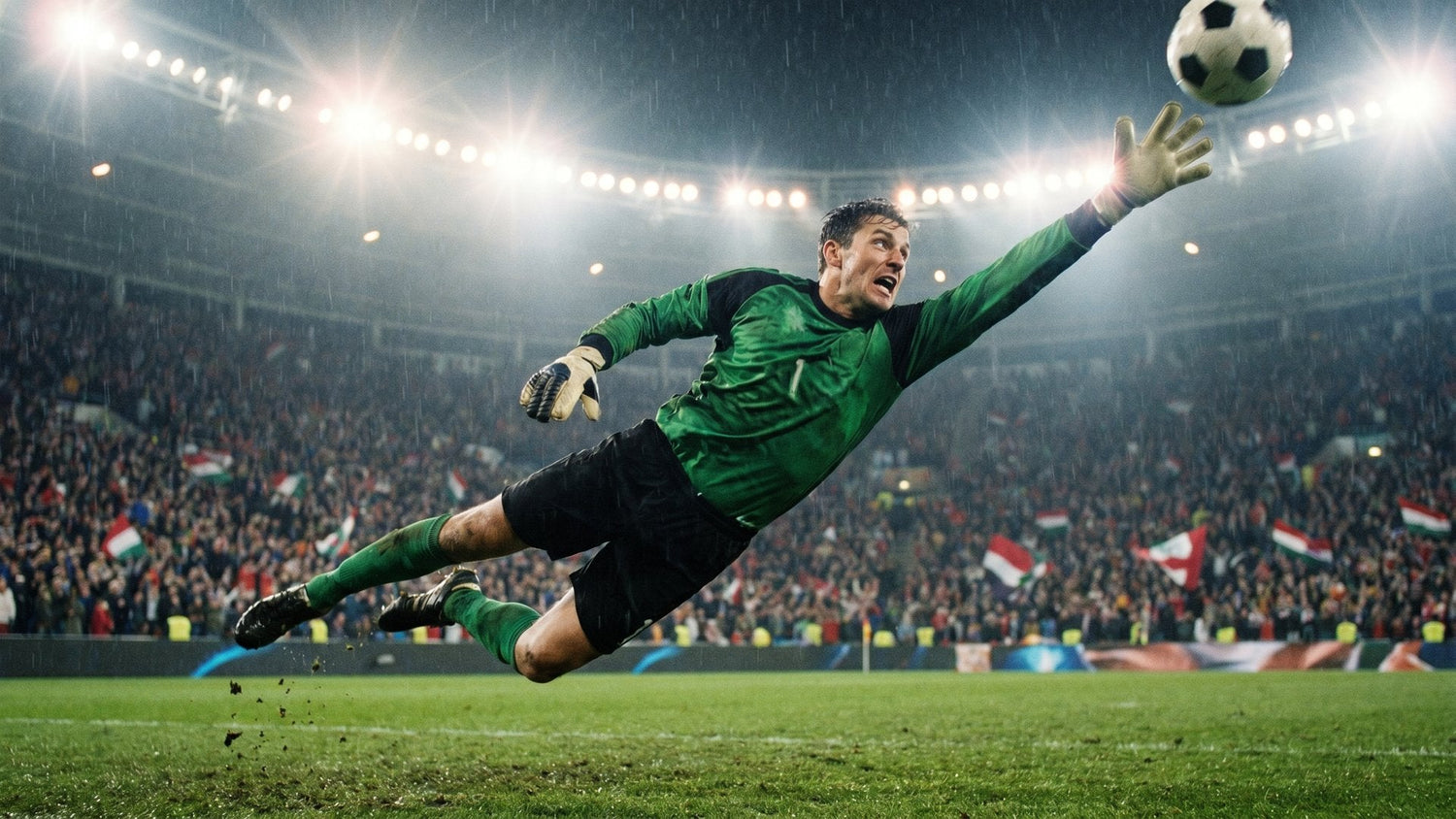 Soccer goalkeeper diving to make a save in a professional stadium with dramatic lighting