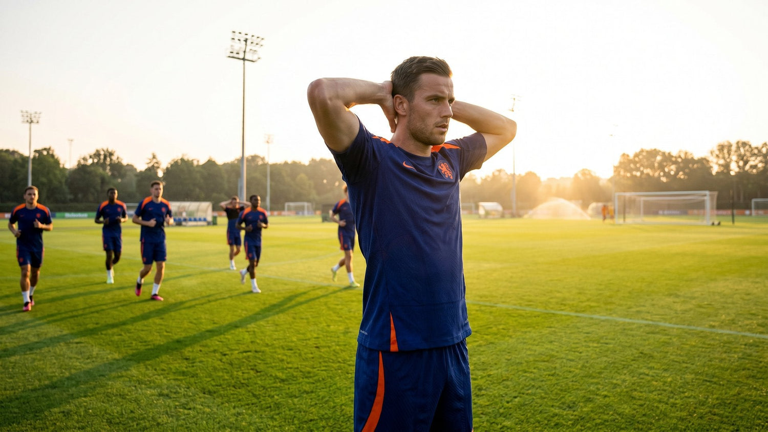 Soccer player performing neck warm-up exercises on a training pitch at golden hour with teammates in background