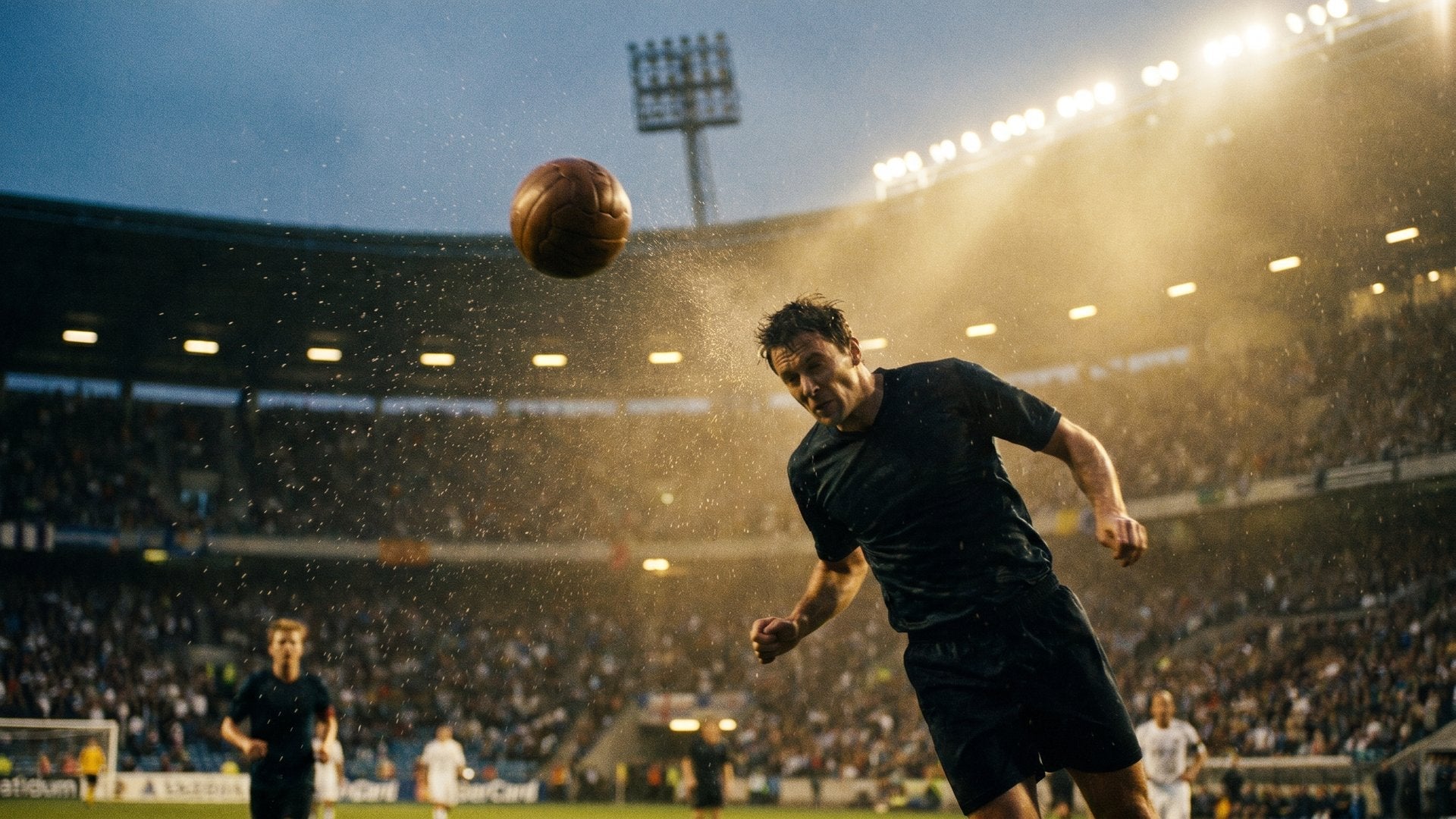 Soccer player heading the ball in slow motion with water droplets visible in dramatic stadium lighting