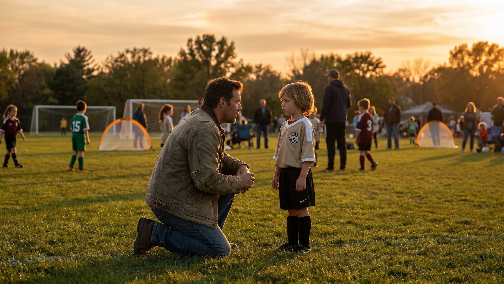 Parent kneeling to speak with young soccer player on the sideline of a youth soccer match at sunset