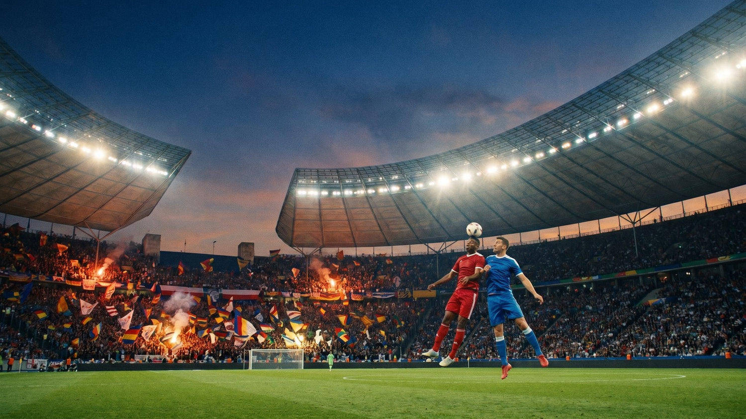 Two soccer players competing for a header in a packed stadium at dusk during the 2026 World Cup