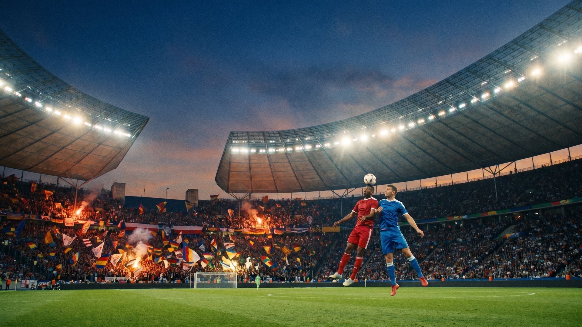 Two soccer players competing for a header in a packed stadium at dusk during the 2026 World Cup