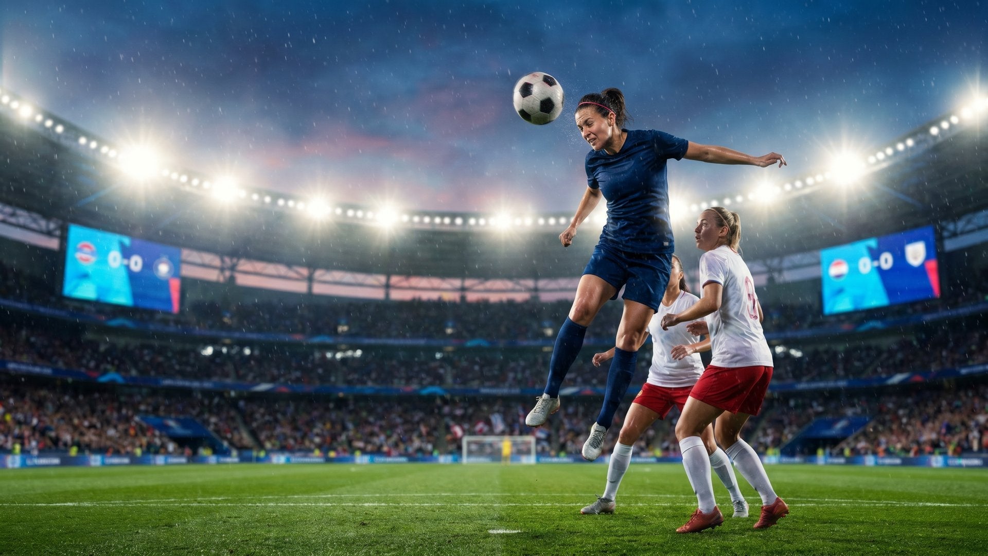 Female soccer player winning a header challenge in a professional stadium with dramatic lighting
