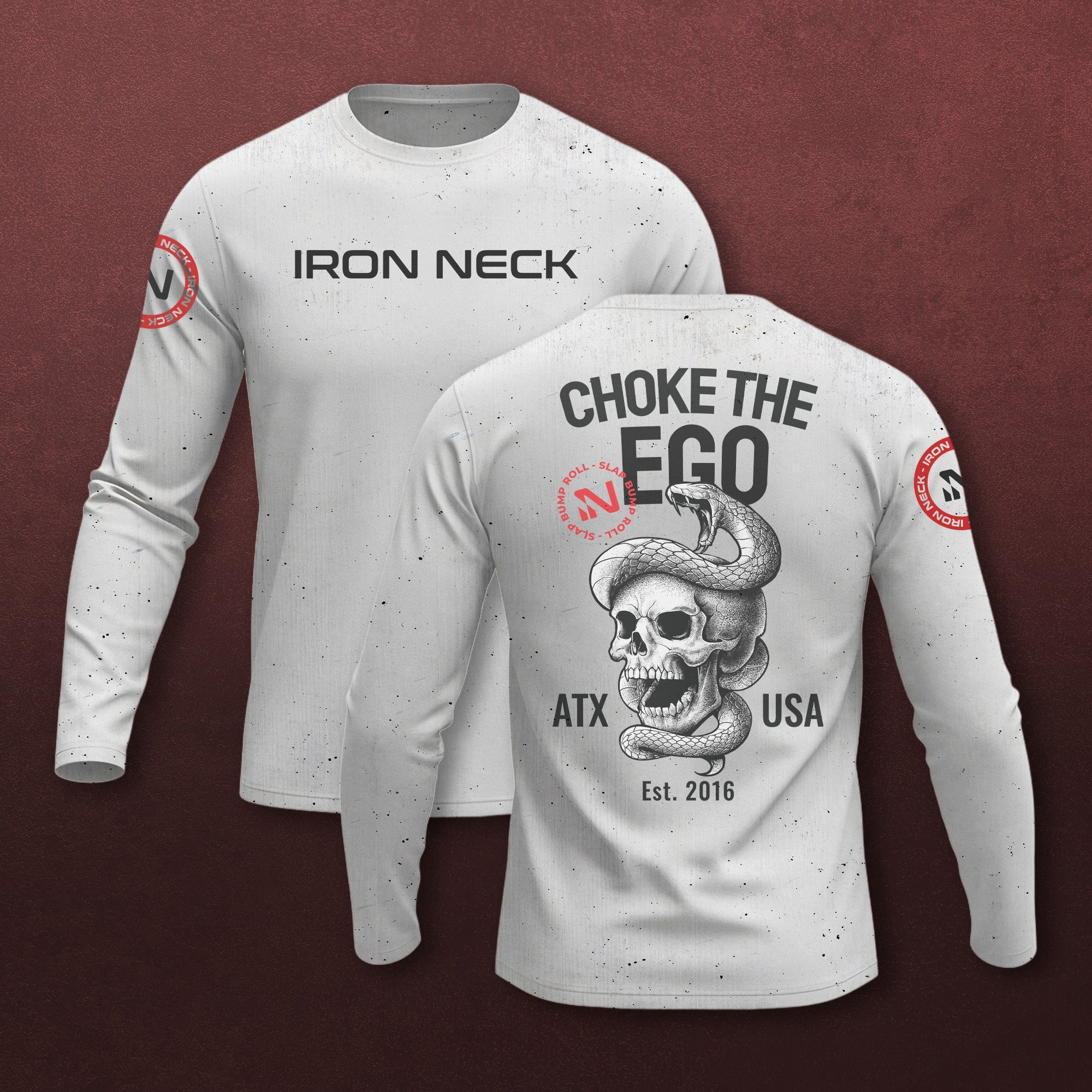 Choke The Ego LS BJJ Rash Guard - White Apparel Iron Neck