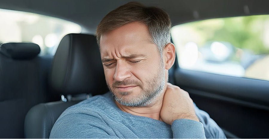 Man with brown hair and beard wearing light blue shirt, neck pain driving fix