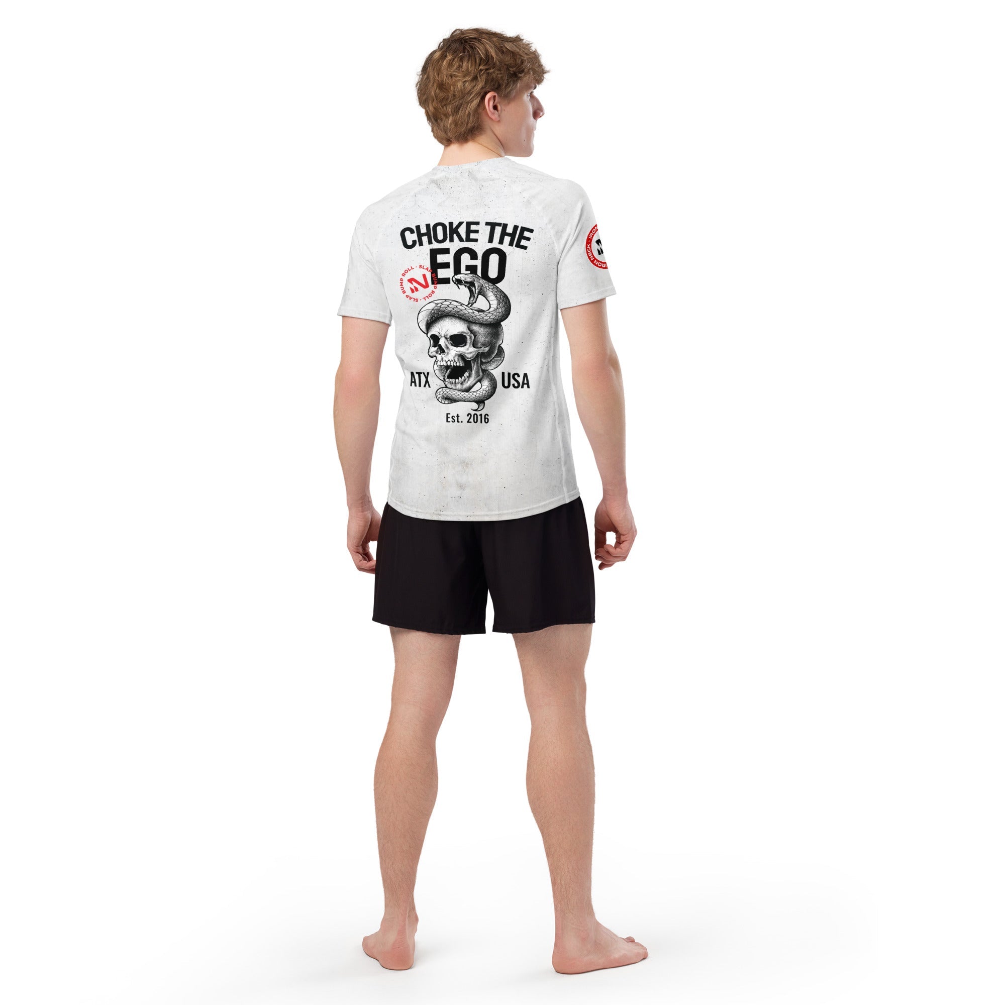 Choke The Ego SS BJJ Rash Guard - White Apparel Iron Neck